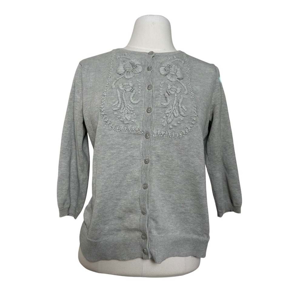 Tabitha Anthropologie Gray Floral Embroidered Cotton Cardigan Sweater